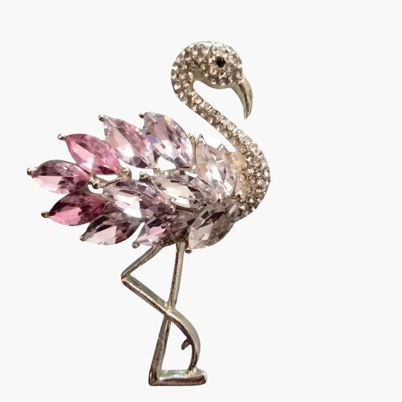 Silver Pink Flamingo Brooch Pin Rhinestone Statement Coastal Tropical Tiki Beach - Picture 1 of 6